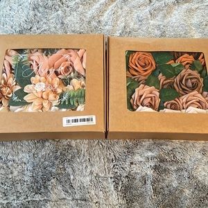 2boxes of artificial flowers in champagne, light pink, rust and light brown
